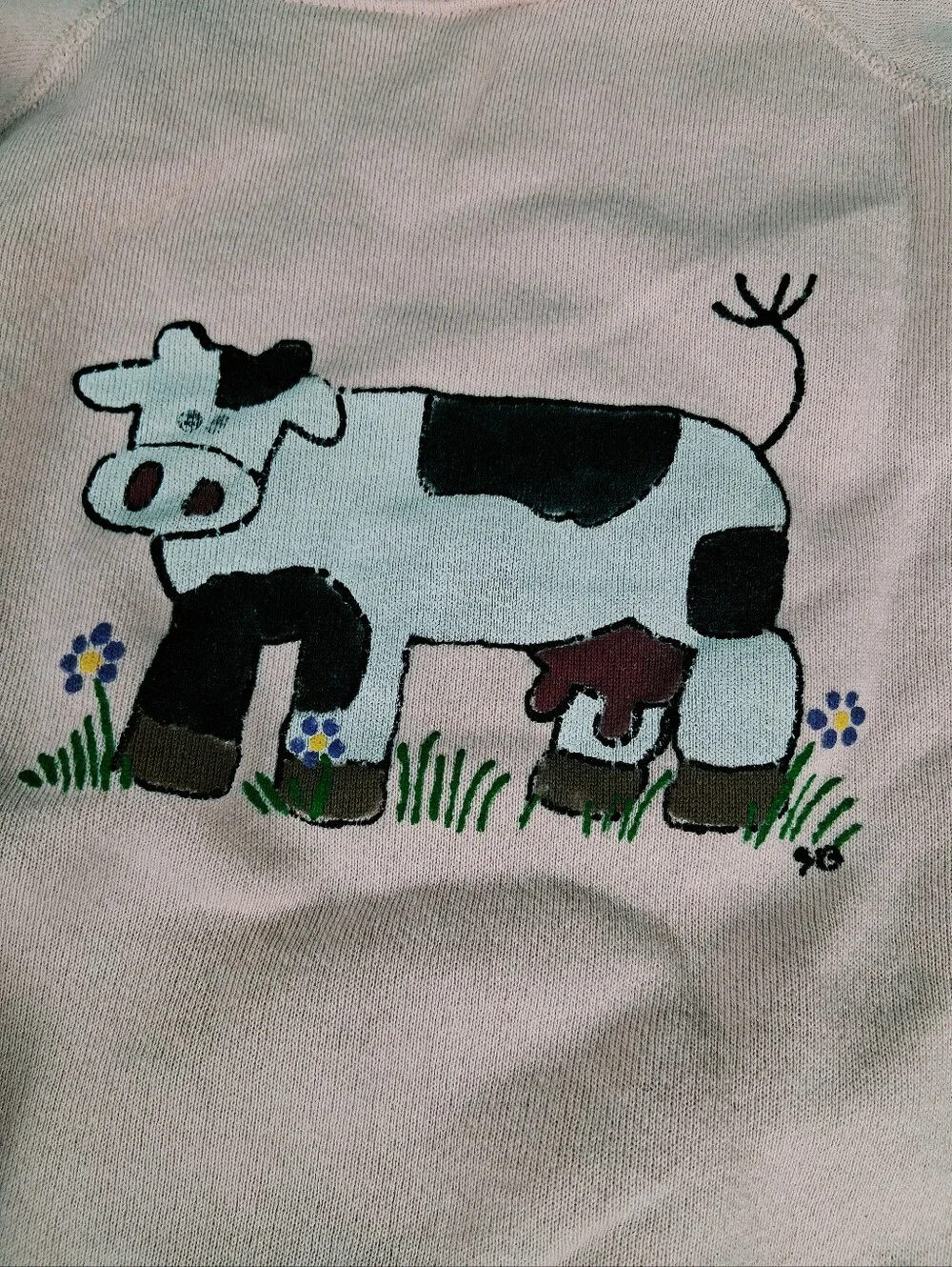 Vintage 90s Cow Sweatshirt Womens MEDIUM Pink Coral Hand Painted Art MOO Cottage - Picture 4 of 11
